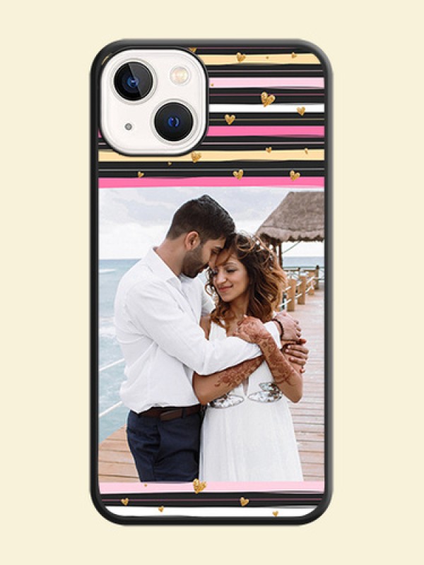 Multicolor Lines and Golden Love Symbols Design on Photo on Space Black Soft Matte Mobile Cover - Apple iPhone 14