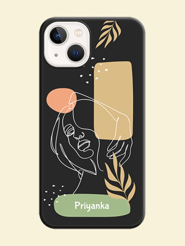 Custom Text With Line Art Of Women & Leaves Design On Space Black Personalized Soft Matte Phone Covers -Apple Iphone 14