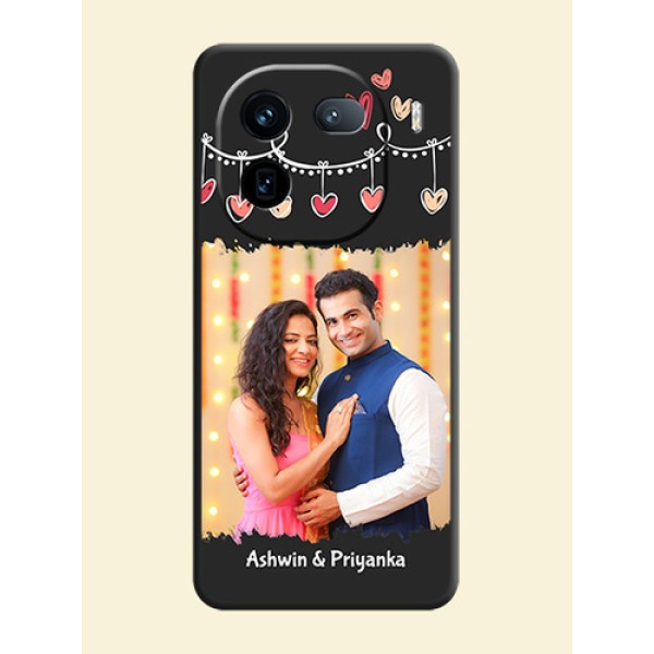 Pink Love Hangings with Name On Space Black Custom Soft Matte Mobile Back Cover - iQOO 12 5G Pink Love Hangings with Name On Space Black Custom Soft Matte Mobile Back Cover - iQOO 12 5G