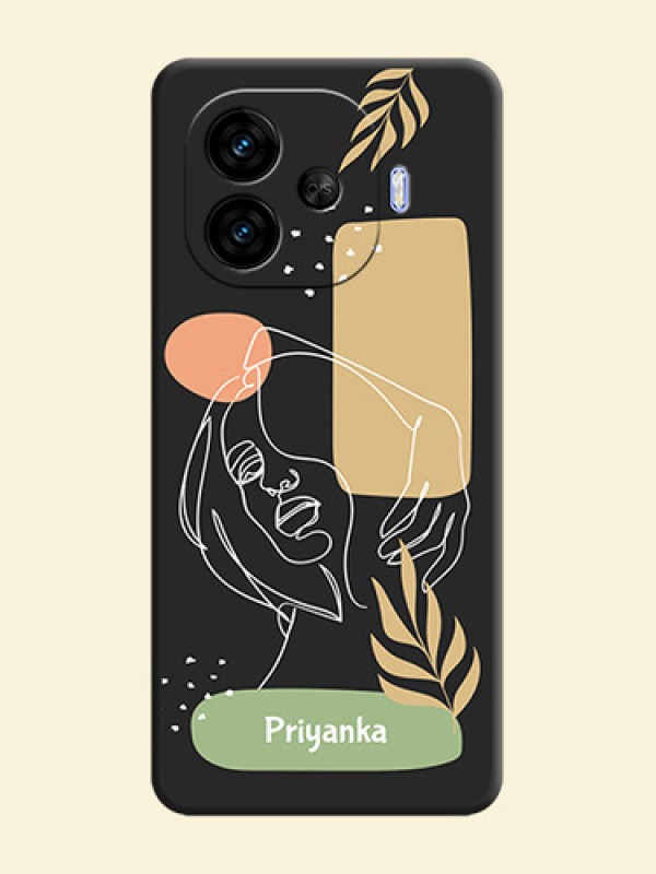 Custom Text With Line Art Of Women & Leaves Design On Space Black Custom Soft Matte Mobile Back Cover - iQOO Neo 10R 5G