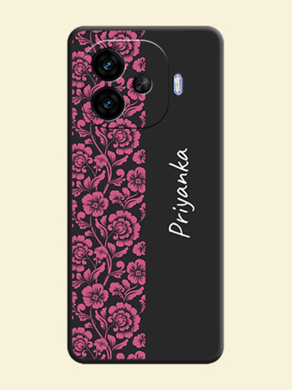 Pink Floral Pattern Design With Custom Text On Space Black Custom Soft Matte Mobile Back Cover - iQOO Neo 10R 5G