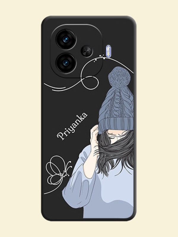 Girl With Blue Winter Outfiit Custom Text Design On Space Black Custom Soft Matte Mobile Back Cover - iQOO Neo 10R 5G