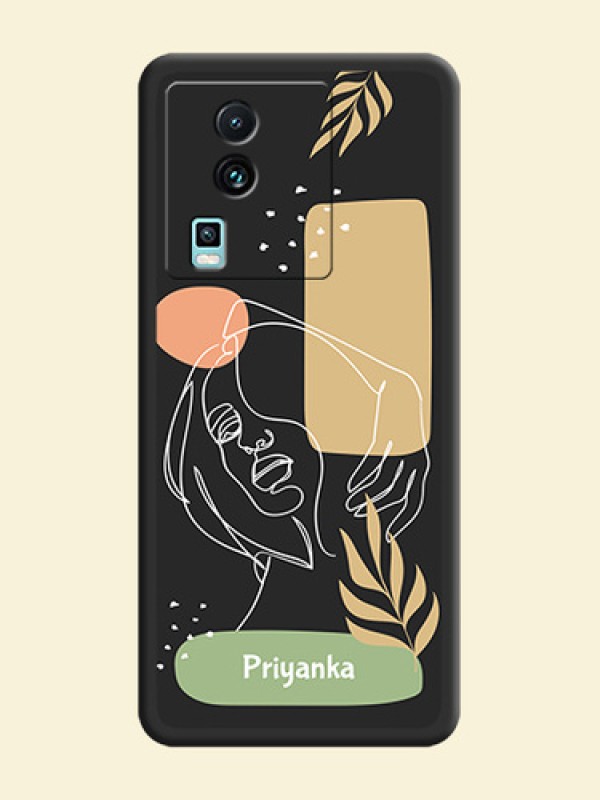 Custom Text With Line Art Of Women & Leaves Design On Space Black Personalized Soft Matte Phone Covers -Iqoo Neo 7 5G