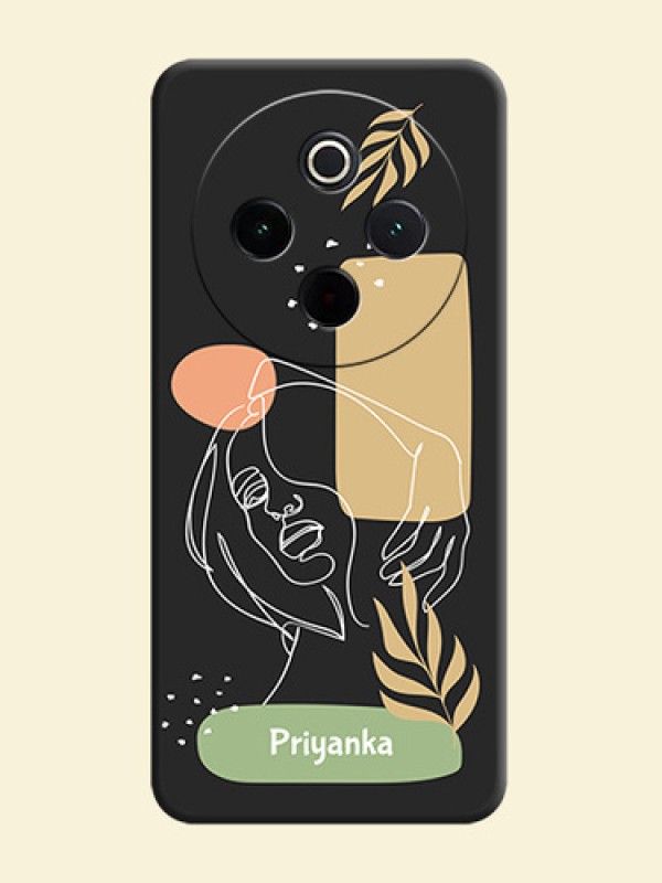 Custom Text With Line Art Of Women & Leaves Design On Space Black Custom Soft Matte Mobile Back Cover - iQOO Z10 5G