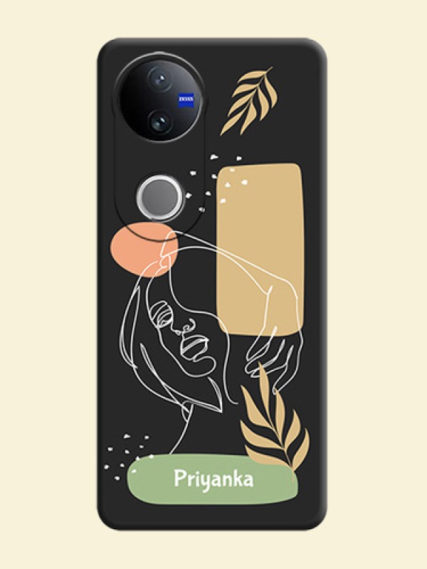 Custom Text With Line Art Of Women & Leaves Design On Space Black Custom Soft Matte Mobile Back Cover - iQOO Z10R