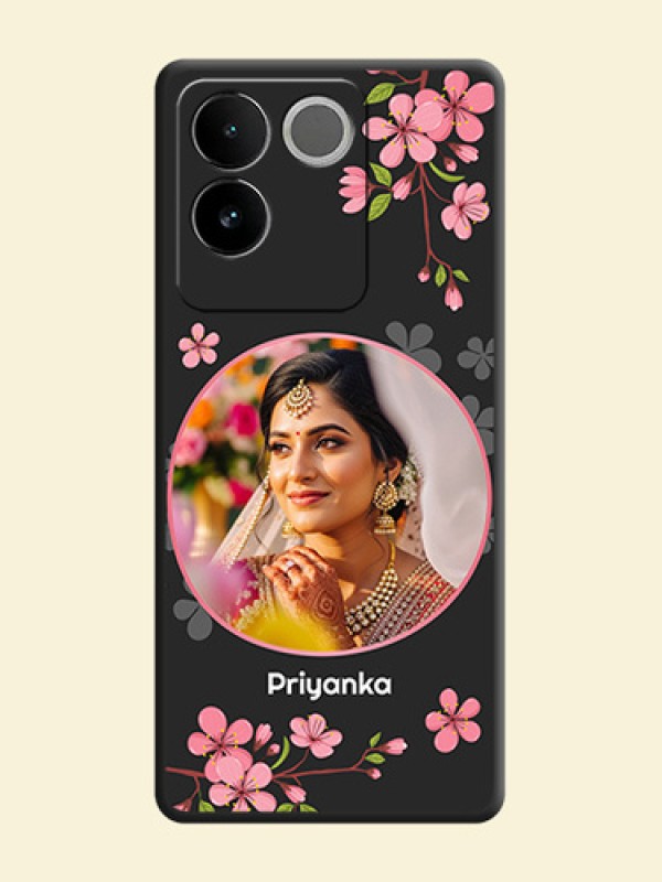 Round Image with Pink Color Floral Design - Photo on Space Black Soft Matte Back Cover - iQOO Z7 Pro 5G