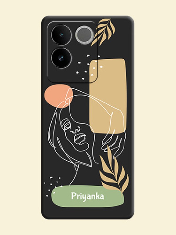 Custom Text With Line Art Of Women & Leaves Design On Space Black Personalized Soft Matte Phone Covers - iQOO Z7 Pro 5G