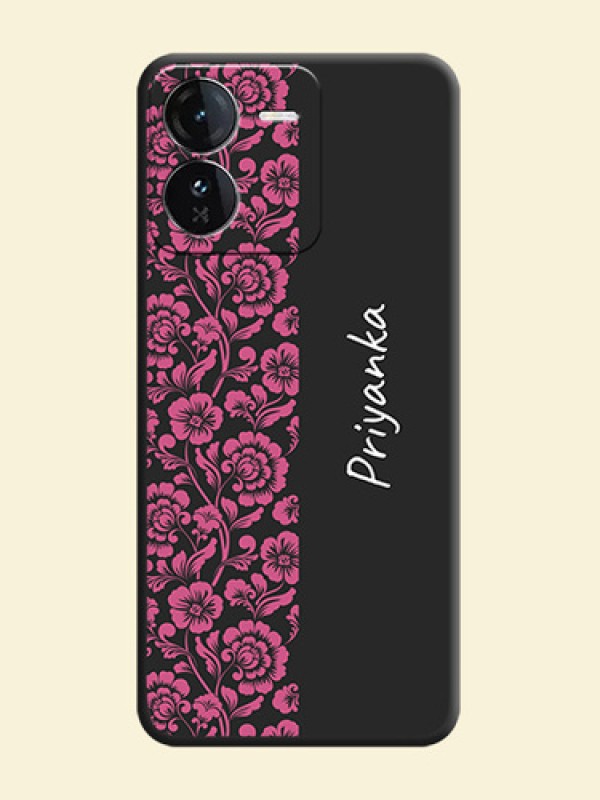 Pink Floral Pattern Design With Custom Text On Space Black Custom Soft Matte Mobile Back Cover - iQOO Z9 5G