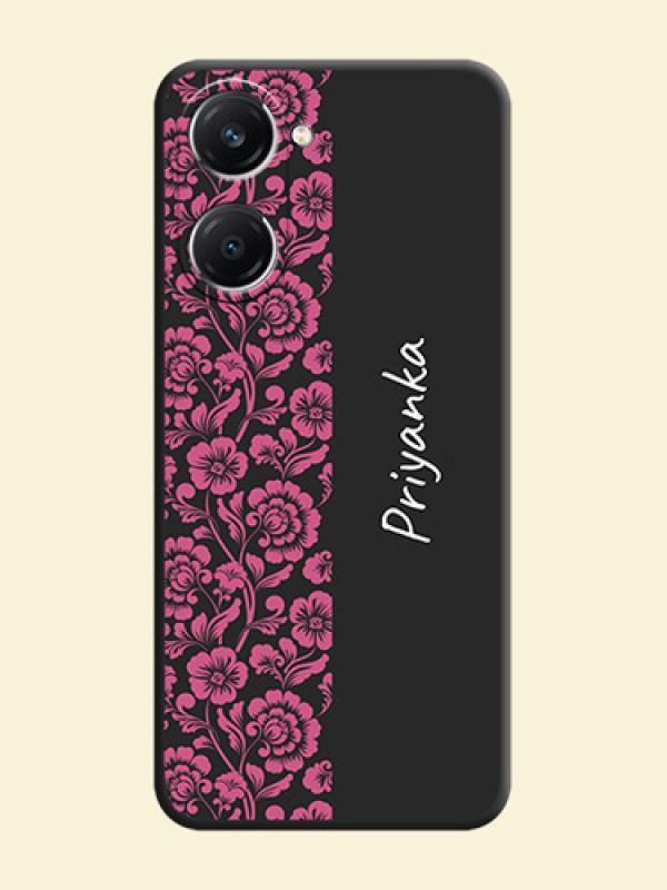 Pink Floral Pattern Design With Custom Text On Space Black Custom Soft Matte Mobile Back Cover - iQOO Z9 Lite 5G