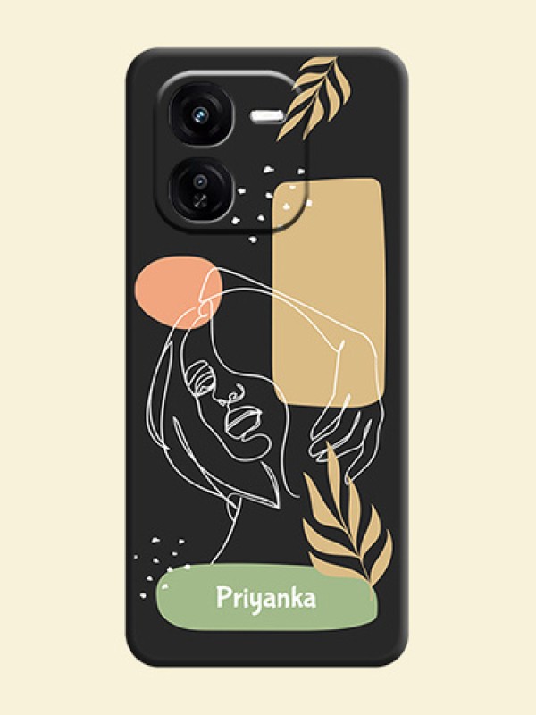 Custom Text With Line Art Of Women & Leaves Design On Space Black Custom Soft Matte Mobile Back Cover - iQOO Z9X 5G
