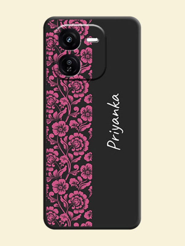 Pink Floral Pattern Design With Custom Text On Space Black Custom Soft Matte Mobile Back Cover - iQOO Z9X 5G