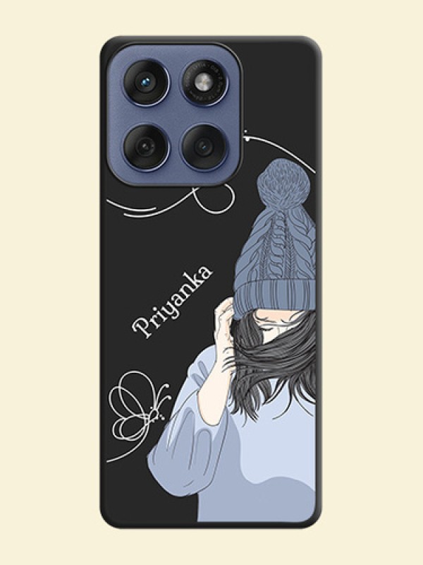 Girl With Blue Winter Outfiit Custom Text Design On Space Black Custom Soft Matte Mobile Back Cover - Motorola Edge 60 Fusion