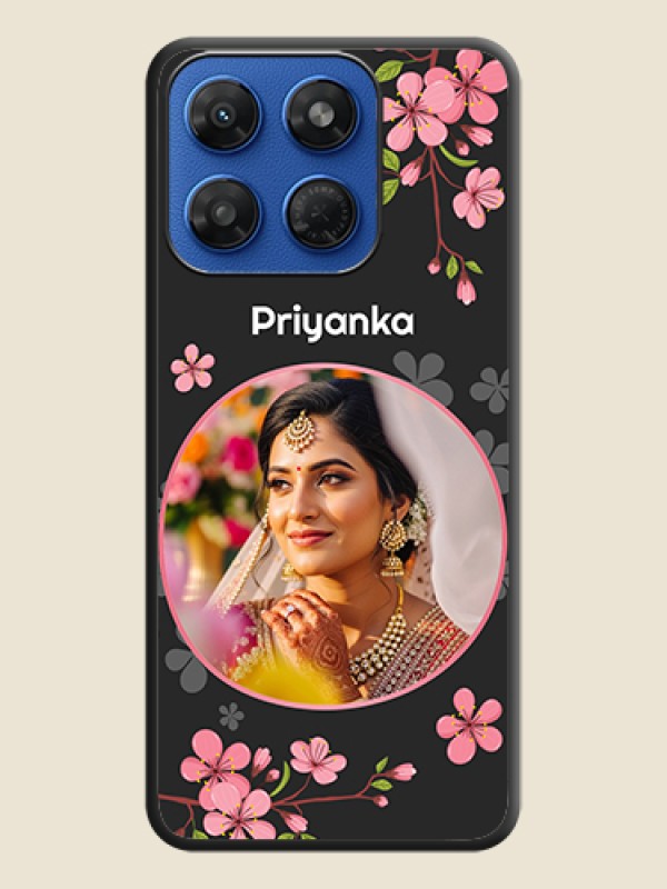 Round Image with Pink Color Floral Design on Photo On Space Black Custom Soft Matte Mobile Back Cover - Motorola G77 Power 5G