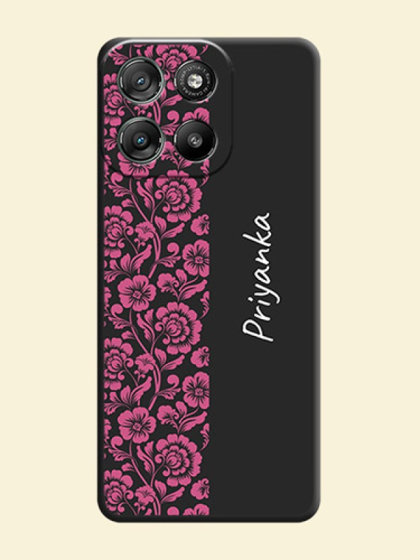 Pink Floral Pattern Design With Custom Text On Space Black Custom Soft Matte Mobile Back Cover - Motorola Moto G57 Power