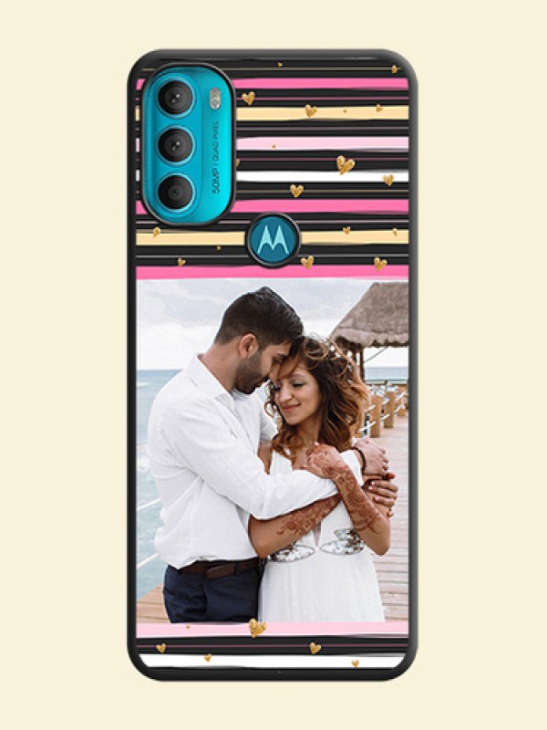 Multicolor Lines and Golden Love Symbols Design on Photo on Space Black Soft Matte Mobile Cover - Moto G71 5G