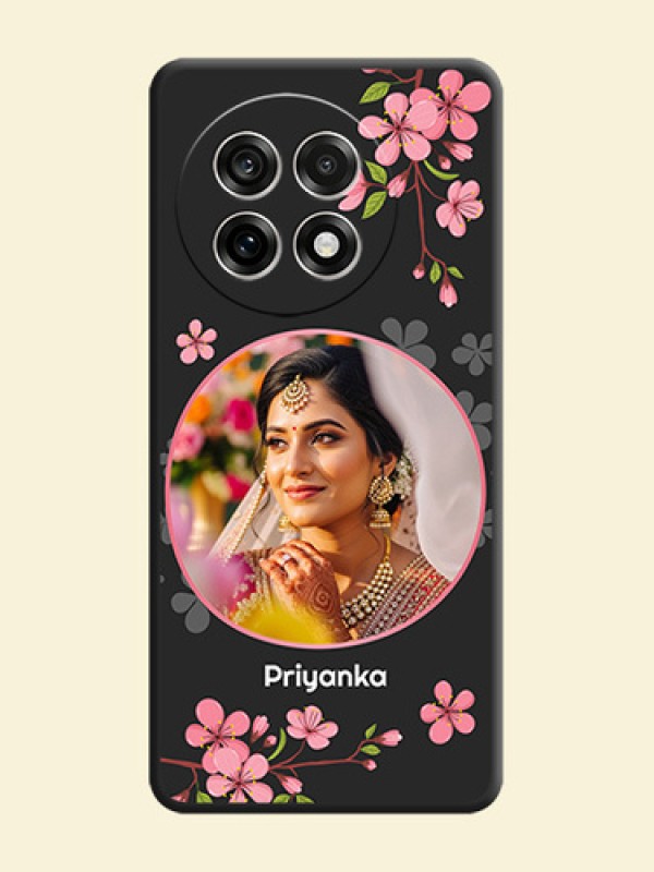 Round Image with Pink Color Floral Design on Photo On Space Black Custom Soft Matte Mobile Back Cover - OnePlus 13R 5G