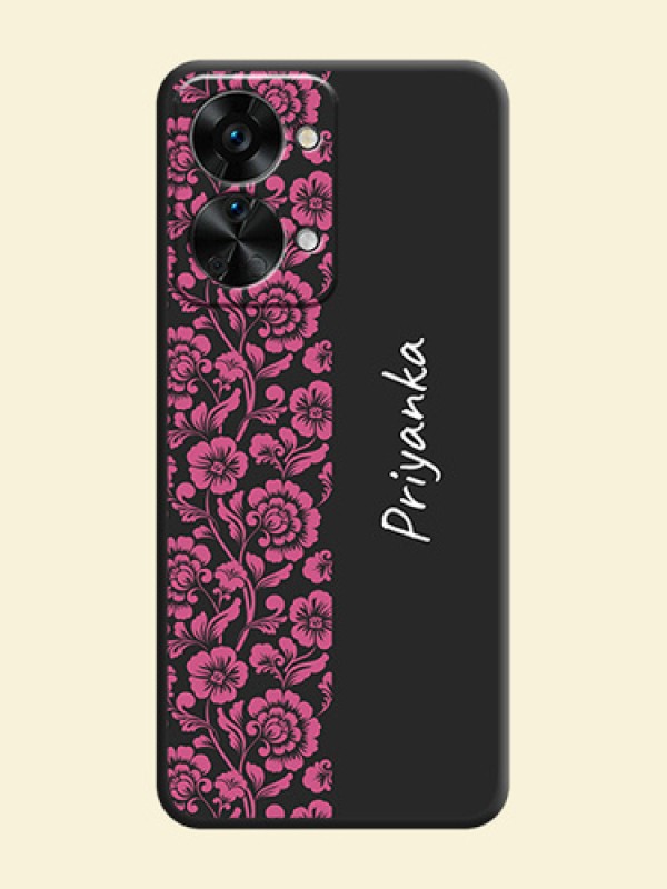 Pink Floral Pattern Design With Custom Text On Space Black Personalized Soft Matte Phone Covers -Oneplus Nord 2T 5G