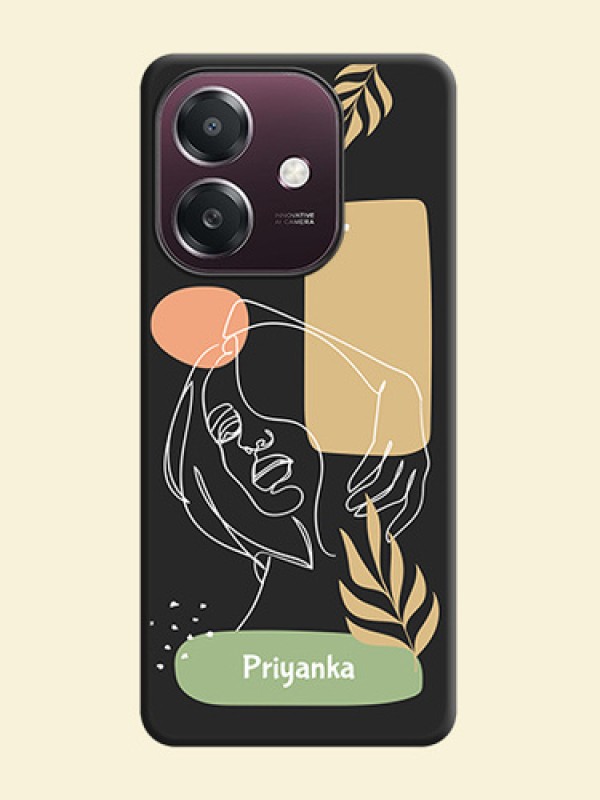 Custom Text With Line Art Of Women & Leaves Design On Space Black Custom Soft Matte Mobile Back Cover - Oppo A3X 4G