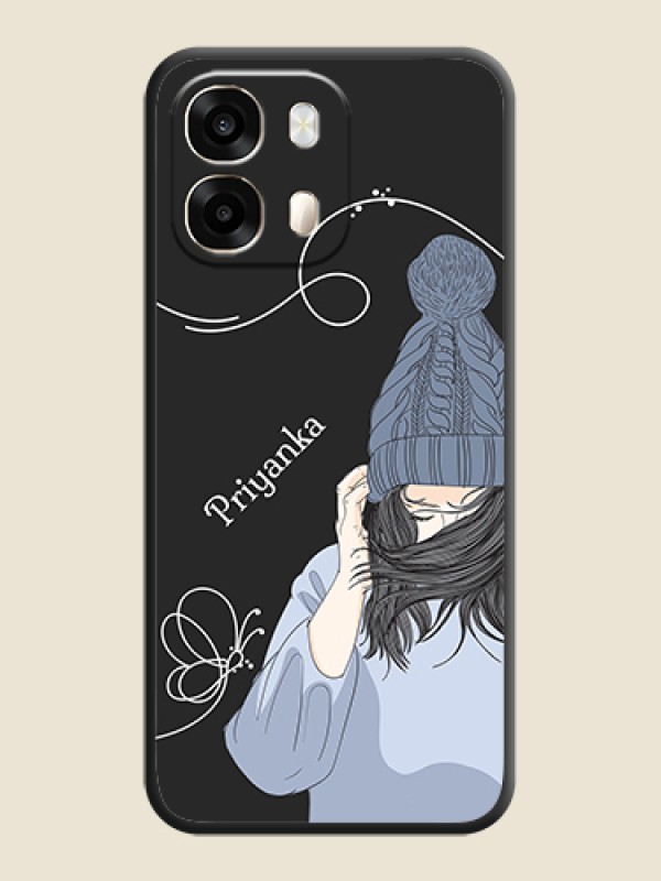 Girl With Blue Winter Outfiit Custom Text Design On Space Black Custom Soft Matte Mobile Back Cover - Oppo A6 Pro 5G