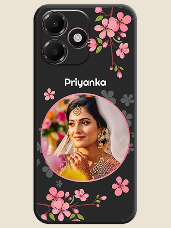 Round Image with Pink Color Floral Design on Photo On Space Black Custom Soft Matte Mobile Back Cover - Oppo A6c 4G