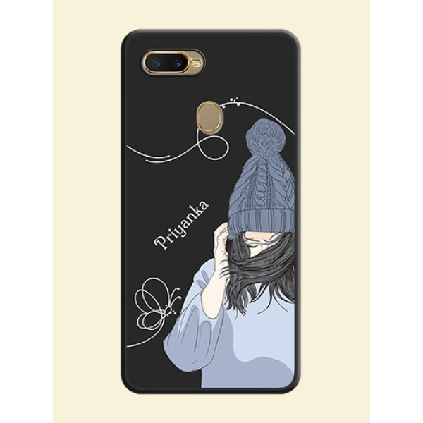 Girl With Blue Winter Outfiit Custom Text Design On Space Black Personalized Soft Matte Phone Covers -Oppo A7 Girl With Blue Winter Outfiit Custom Text Design On Space Black Personalized Soft Matte Phone Covers -Oppo A7