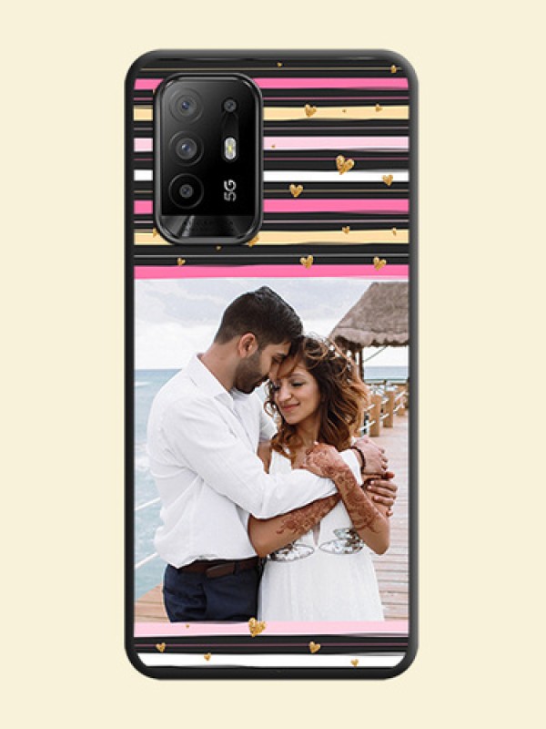 Multicolor Lines and Golden Love Symbols Design on Photo on Space Black Soft Matte Mobile Cover - Oppo F19 Pro Plus 5G