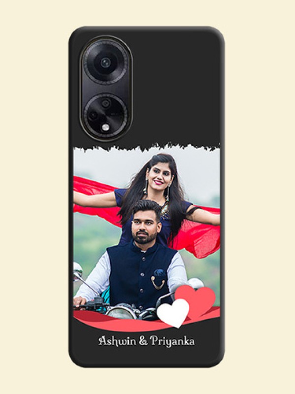 Pink Color Love Shaped Ribbon Design with Text on Space Black Custom Soft Matte Phone Back Cover - Oppo F23 5G