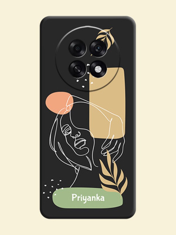Custom Text With Line Art Of Women & Leaves Design On Space Black Custom Soft Matte Mobile Back Cover - Oppo F31 Pro Plus 5G