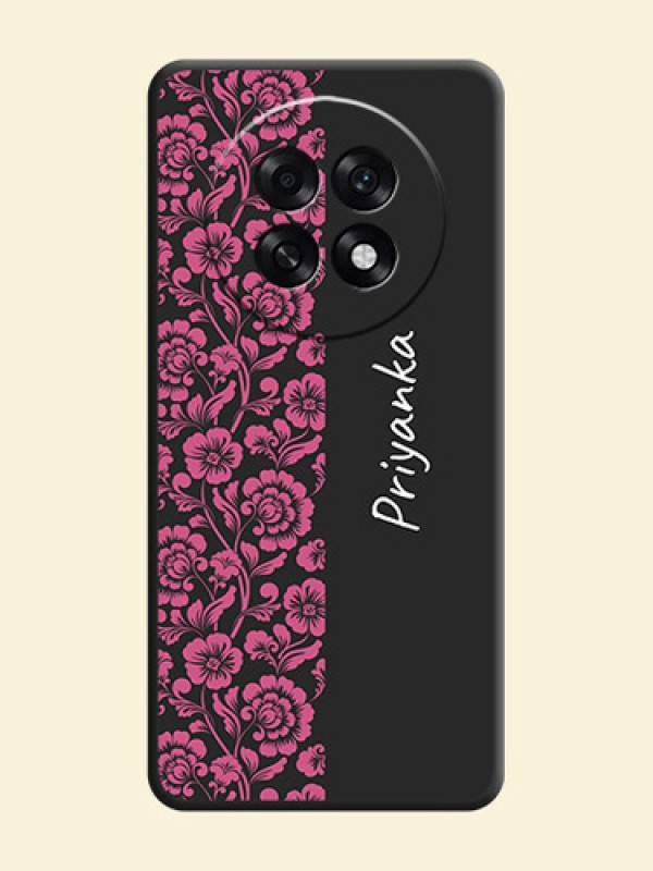 Pink Floral Pattern Design With Custom Text On Space Black Custom Soft Matte Mobile Back Cover - Oppo F31 Pro Plus 5G
