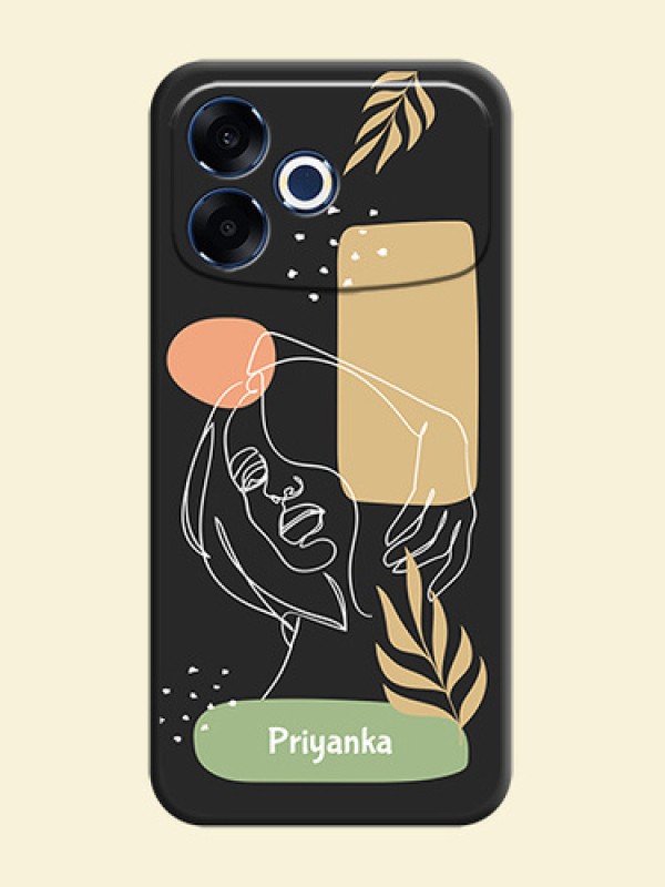 Custom Text With Line Art Of Women & Leaves Design On Space Black Custom Soft Matte Mobile Back Cover - Oppo F33 Pro 5G