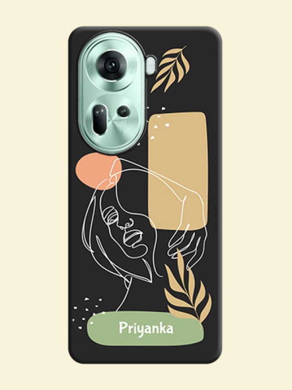Custom Text With Line Art Of Women & Leaves Design On Space Black Personalized Soft Matte Phone Covers - Reno 11 5G