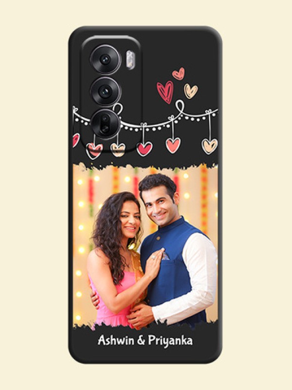 Pink Love Hangings with Name On Space Black Custom Soft Matte Mobile Back Cover - Oppo Reno 12 5G