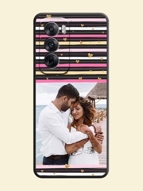 Multicolor Lines and Golden Love Symbols Design on Photo On Space Black Custom Soft Matte Mobile Back Cover - Oppo Reno 12 5G
