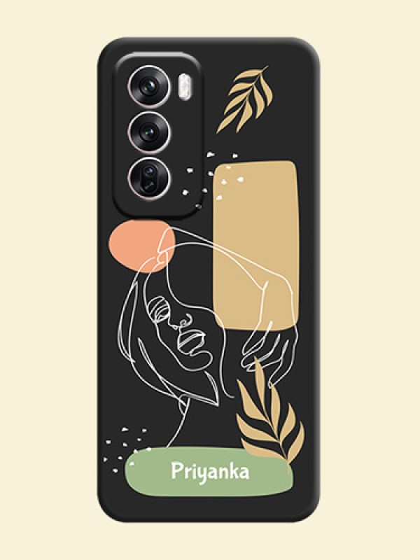 Custom Text With Line Art Of Women & Leaves Design On Space Black Custom Soft Matte Mobile Back Cover - Oppo Reno 12 Pro 5G
