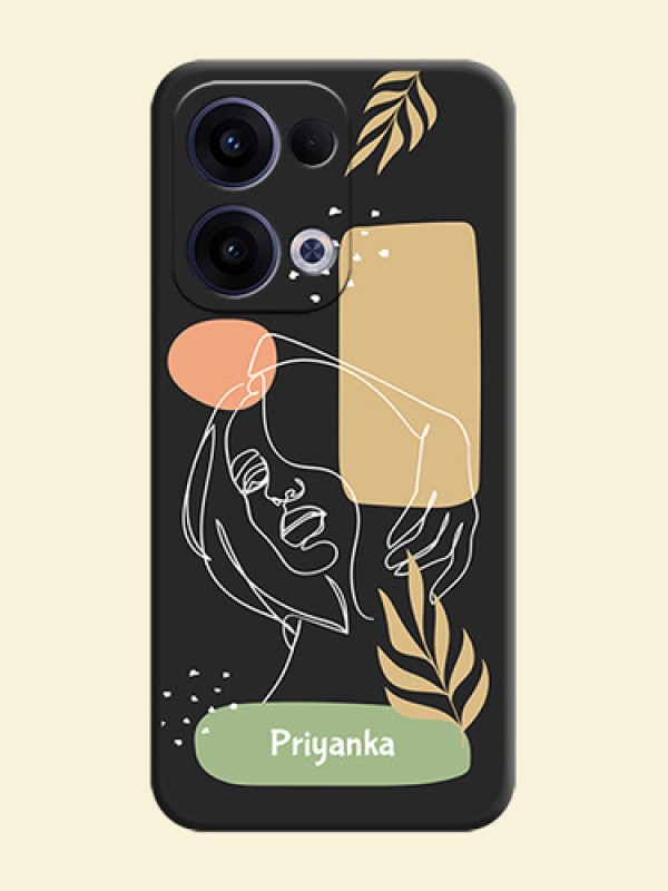 Custom Text With Line Art Of Women & Leaves Design On Space Black Custom Soft Matte Mobile Back Cover - Oppo Reno 13 5G