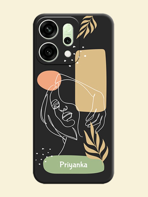 Custom Text With Line Art Of Women & Leaves Design On Space Black Custom Soft Matte Mobile Back Cover - Oppo Reno 14 5G