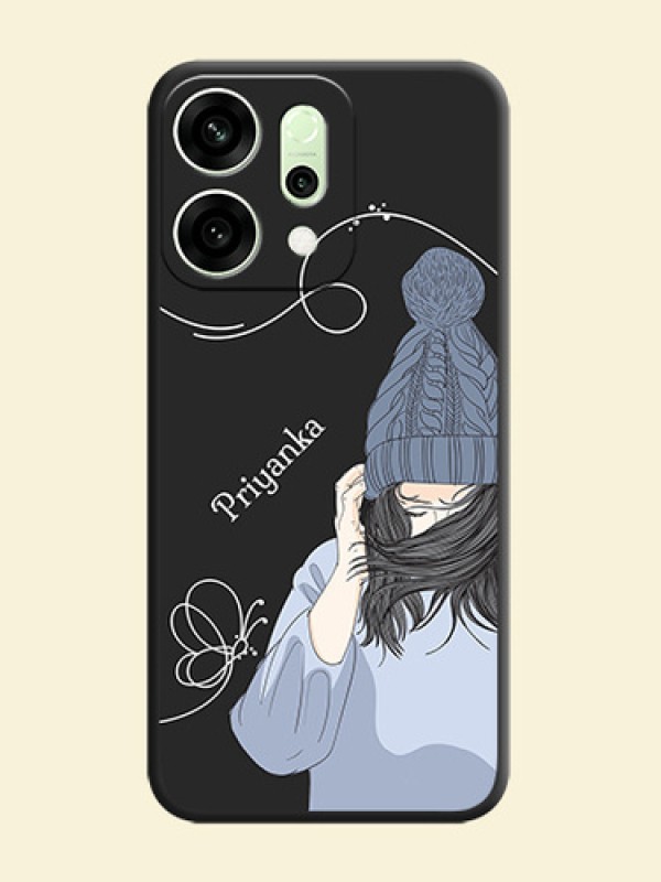 Girl With Blue Winter Outfiit Custom Text Design On Space Black Custom Soft Matte Mobile Back Cover - Oppo Reno 14 5G