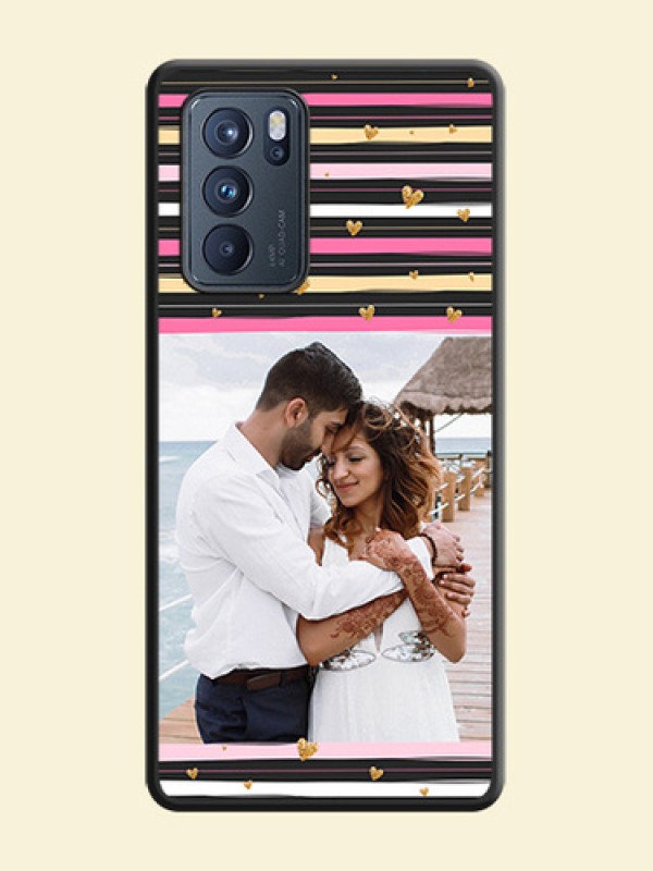 Multicolor Lines and Golden Love Symbols Design on Photo on Space Black Soft Matte Mobile Cover - Oppo Reno 6 Pro 5G