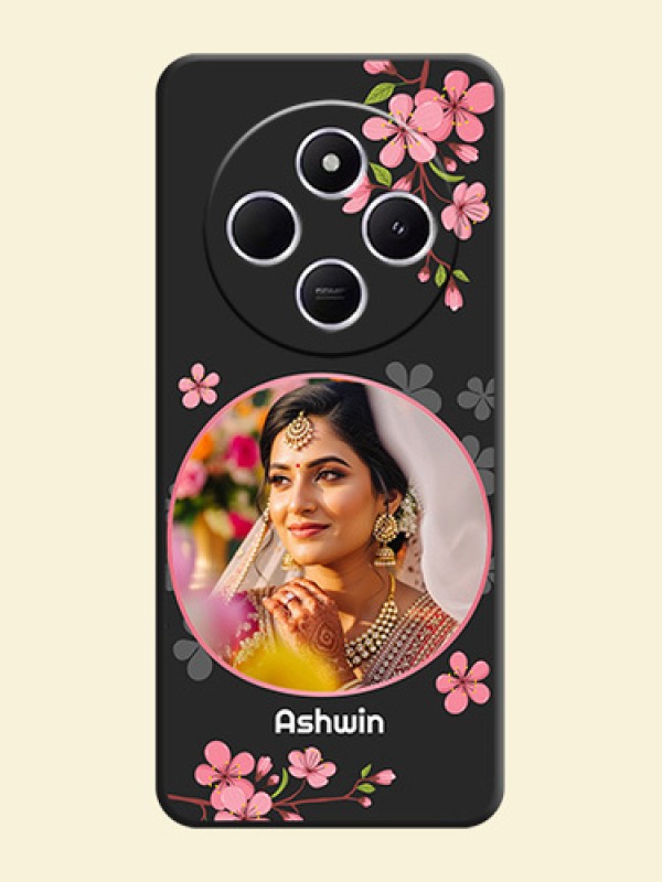 Round Image with Pink Color Floral Design on Photo On Space Black Custom Soft Matte Mobile Back Cover - Poco C75 5G