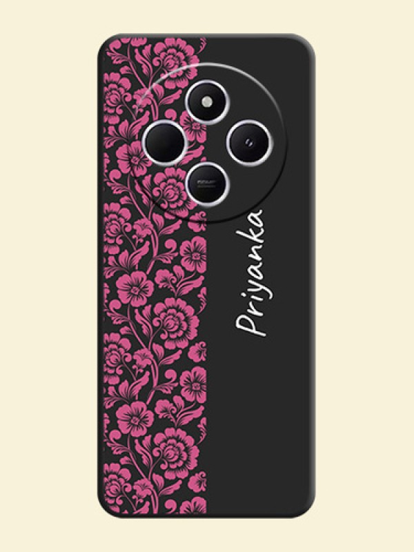 Pink Floral Pattern Design With Custom Text On Space Black Custom Soft Matte Mobile Back Cover - Poco C75 5G
