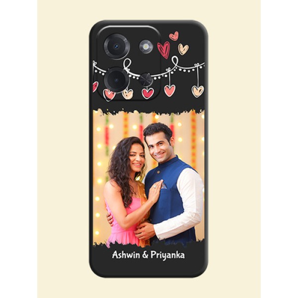 Pink Love Hangings with Name On Space Black Custom Soft Matte Mobile Back Cover - Poco C85 5G Pink Love Hangings with Name On Space Black Custom Soft Matte Mobile Back Cover - Poco C85 5G