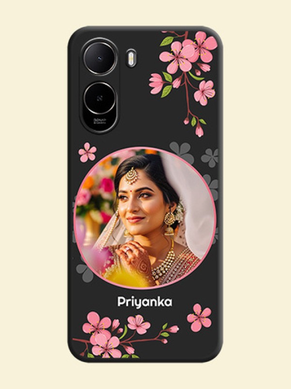 Round Image with Pink Color Floral Design on Photo On Space Black Custom Soft Matte Mobile Back Cover - Poco C85X 5G