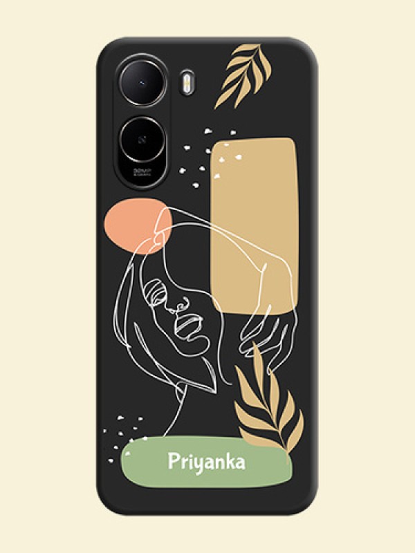 Custom Text With Line Art Of Women & Leaves Design On Space Black Custom Soft Matte Mobile Back Cover - Poco C85X 5G