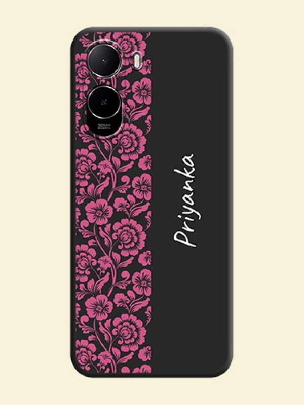 Pink Floral Pattern Design With Custom Text On Space Black Custom Soft Matte Mobile Back Cover - Poco C85X 5G