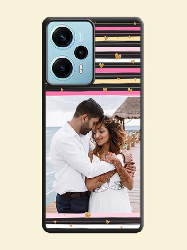 Multicolor Lines and Golden Love Symbols Design on Photo On Space Black Custom Soft Matte Mobile Back Cover - Poco F5