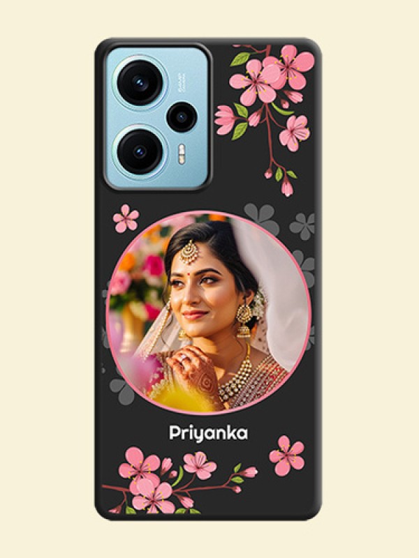 Round Image with Pink Color Floral Design on Photo On Space Black Custom Soft Matte Mobile Back Cover - Poco F5