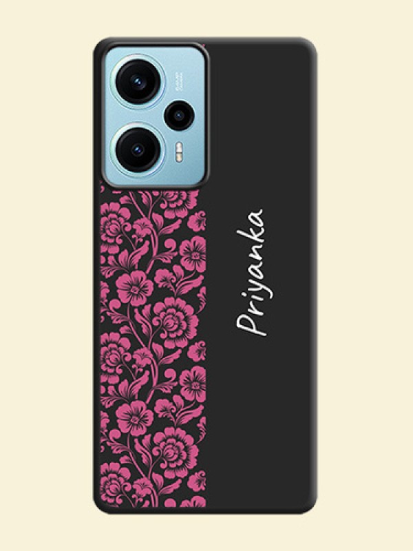 Pink Floral Pattern Design With Custom Text On Space Black Custom Soft Matte Mobile Back Cover - Poco F5