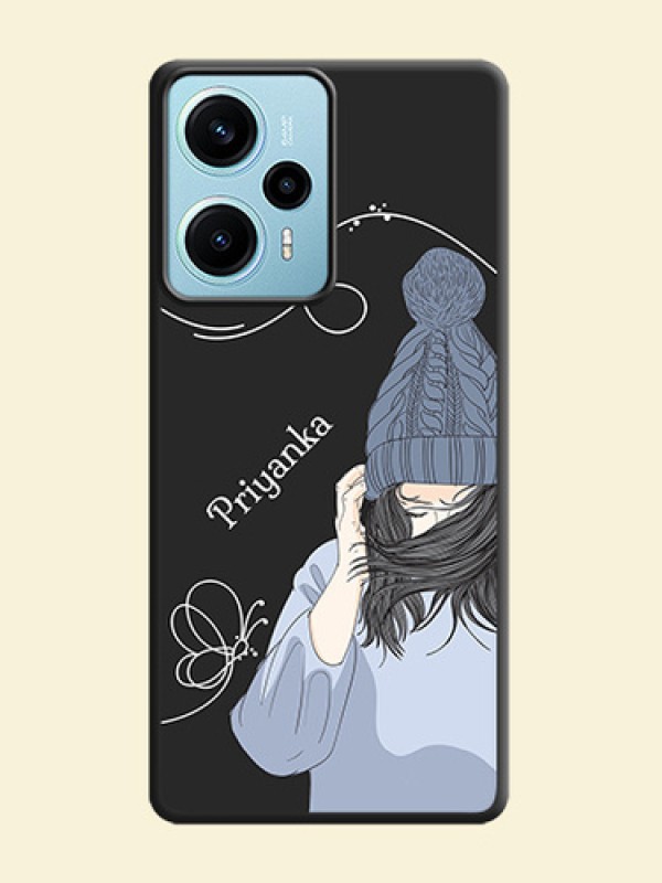 Girl With Blue Winter Outfiit Custom Text Design On Space Black Custom Soft Matte Mobile Back Cover - Poco F5