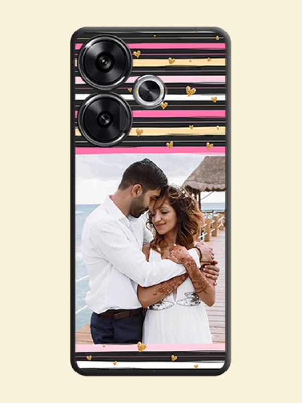 Multicolor Lines and Golden Love Symbols Design on Photo On Space Black Custom Soft Matte Mobile Back Cover - Poco F6 5G