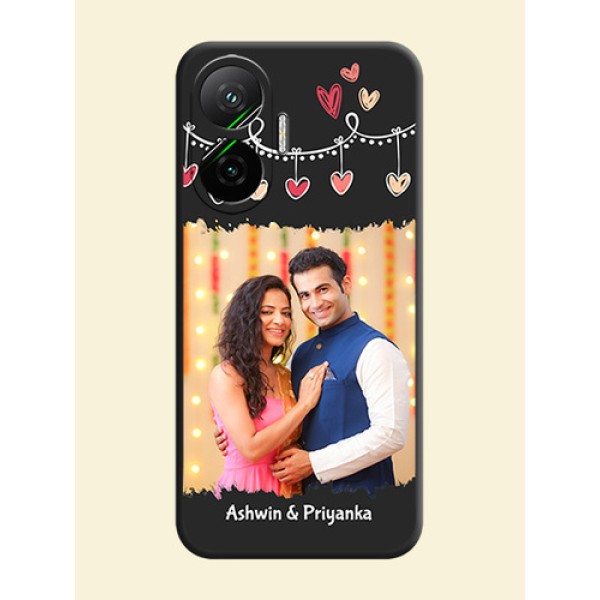Pink Love Hangings with Name On Space Black Custom Soft Matte Mobile Back Cover - Poco F7 5G Pink Love Hangings with Name On Space Black Custom Soft Matte Mobile Back Cover - Poco F7 5G